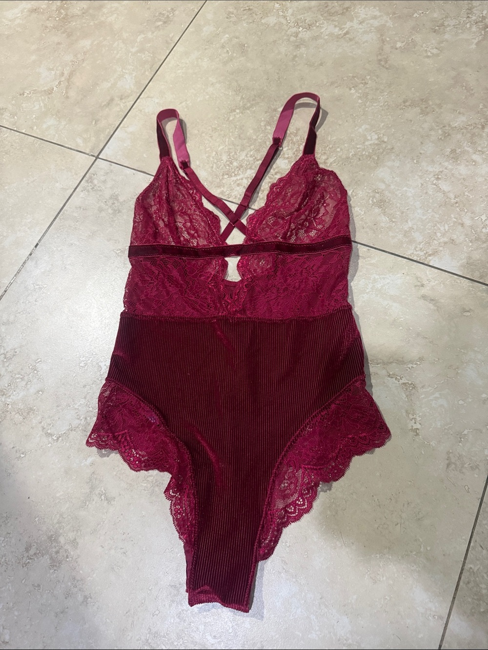 Adore Me Burgundy Lace & Ribbed V-Neck Teddy